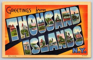 Thousand Islands New York~Greetings~Large Letter Linen~Vintage Postcard