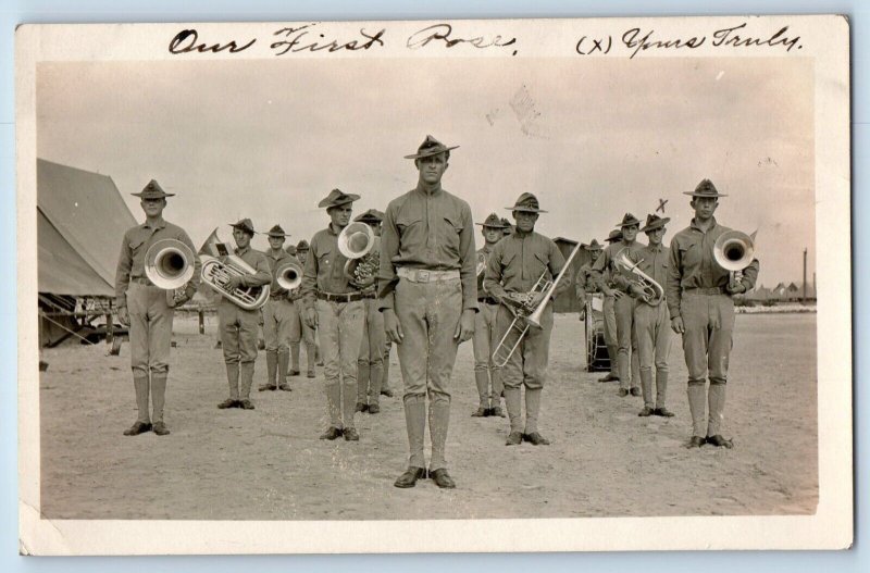 US Army Camp Postcard RPPC Photo Marching Band c1910's Posted Antique