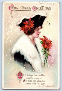 Ellen Clapsaddle Signed Postcard Christmas Greetings Pretty Woman Poinsettia