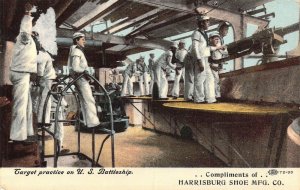 c.1908, Navy Target Practice on US Battleship, Adv Harrisburg PA,Old Postcard