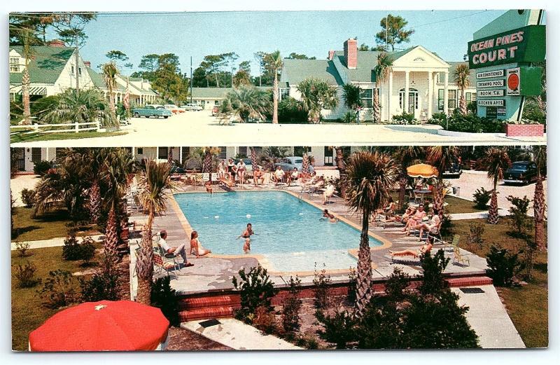Postcard SC Myrtle Beach Ocean Pines Court Motel 1950's Old Cars Swim Pool R50