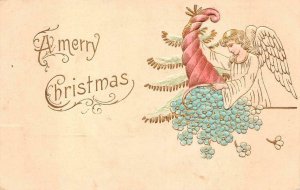 A MERRY CHRISTMAS HOLIDAY ANGEL FLOWERS EMBOSSED POSTCARD 1907 PD