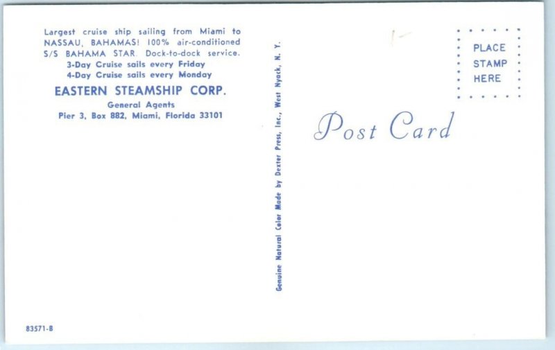 Postcard - S. S. Bahama Star, Eastern Steamship Corp - Nassau, Bahamas