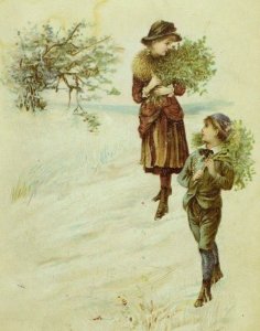 1880's-90's Victorian Christmas Card Adorable Girl & Boy Carrying Branches &H