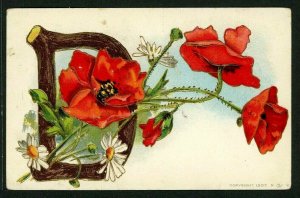 Alphabet Postcard, Letter D, Wood sticks, Flowers, embossed, S. Datiilo