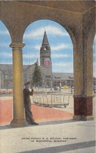 Cheyenne Wyoming~Union Pacific Railroad Station~Man Leaning on Archway~1940s PC