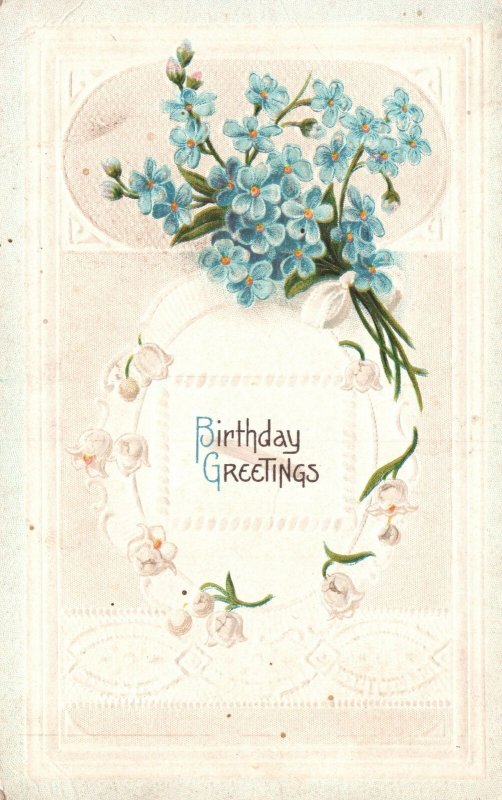 Vintage Postcard Birthday Greetings Tiny Blue Petals Natal Day Special Wishes