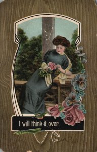 Vintage Postcard 1910's Beautiful Woman Holding Roses Blue Dress I Will Think It