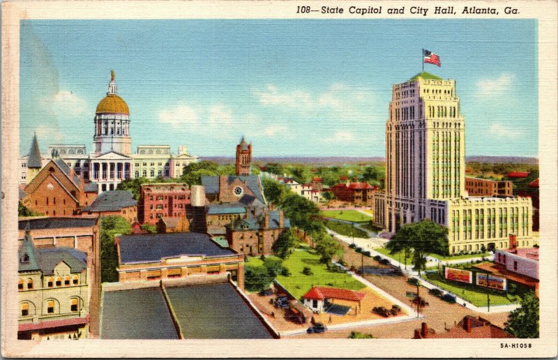 Vtg 1930s State Capitol and City Hall Atlanta Georgia GA Linen Postcard
