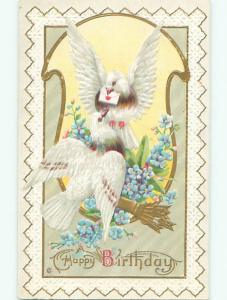 Pre-Linen BEAUTIFUL LARGE WHITE DOVE BIRDS WITH NOTE IN BEAK J3286