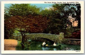 Springfield Ohio 1940s Postcard The Stone Bridge Snyder Park Canoe