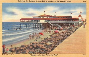 GALVESTON, Texas TX    PLEASURE PIER~BATHING BEACH   ca1940's Linen Postcard