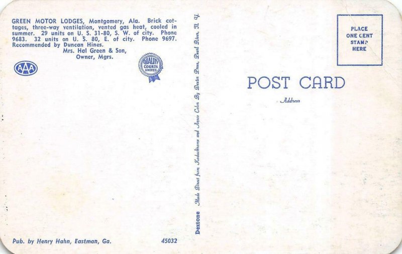 MONTGOMERY, Alabama~AL   GREEN MOTOR LODGES MOTEL  Roadside  c1950's Postcard