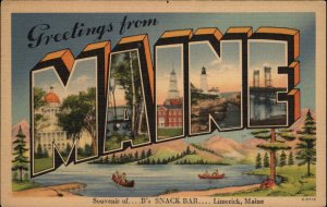 Maine Greetings Large Letter Linen Lighthouses Vintage Postcard