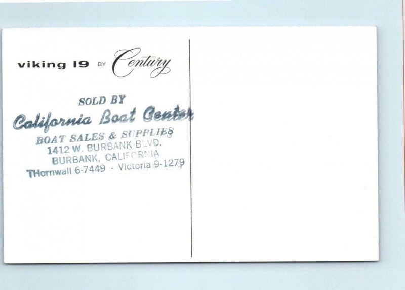 Burbank CALIFORNIA BOAT CENTER ~ CENTURY VIKING 19 Advertising 1950s Postcard