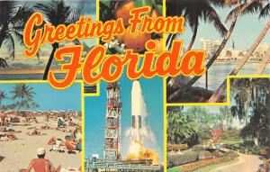 Florida Greeting Postcard~6 Views~ Kennedy Space Center~Beach Scene~Palms~Garden
