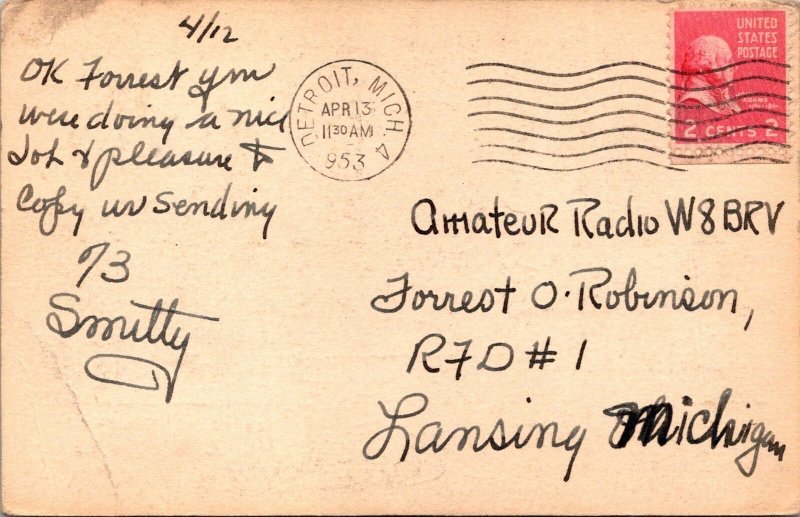 VINTAGE POSTCARD HAM RADIO CALLING CARD WN8LAQ FROM DETROIT MICHIGAN 1953
