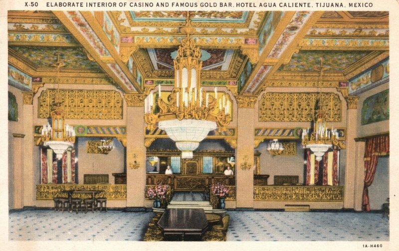 Vintage Postcard 1920s Interior Casino & Gold Bar Hotel Agua Caliente Tijuana