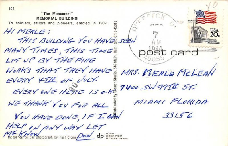 Monument, Memorial Building Hamilton, Ohio OH