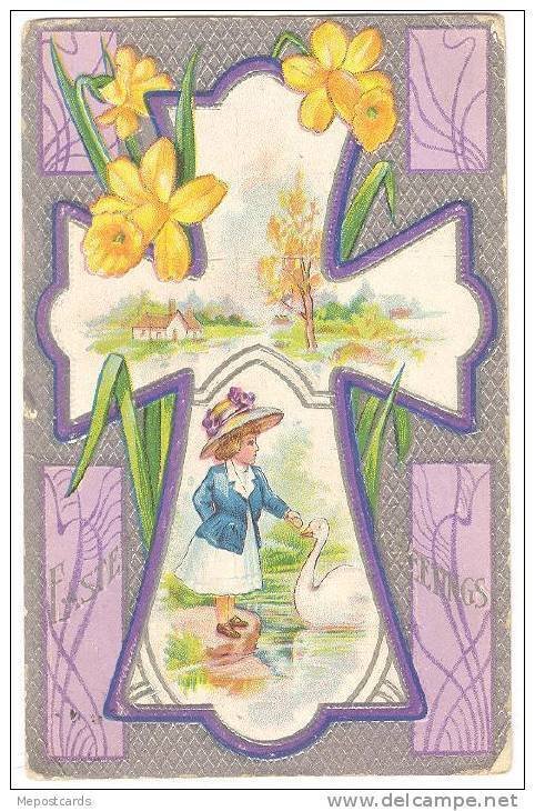 Easter Greetings, Cross With A Interior Picturesque Of A Girl Feeding A Swan,...