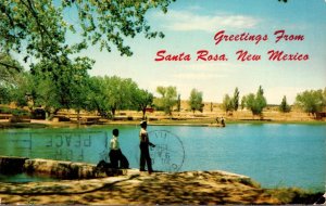 New Mexico Santa Rosa Greetings Blue Hole Fishing Scene 1960