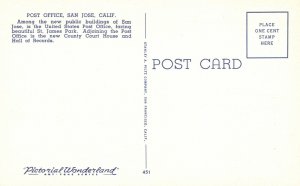 Vintage Postcard Post Office Facing St James Park Public Building San Jose CA