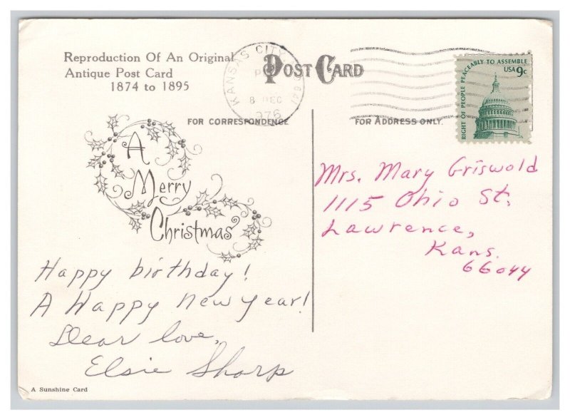 Christmas Greetings Postcard Continental Size c1976 Postmark Angels Blowing Horn