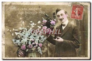 Postcard Old Man Fancy Flowers