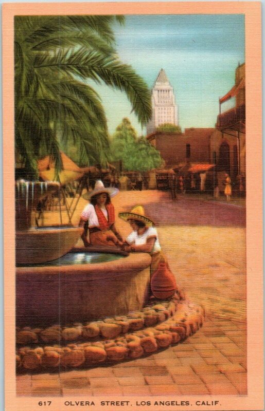 Olvera Street Los Angeles Plaza & Mission California Linen Postcard