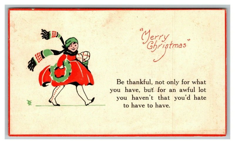 Vintage 1919 Christmas Postcard Girl Carries Wreath & Presents for Family Poem