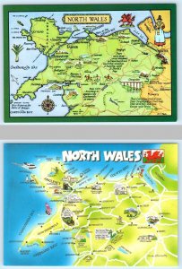 2 Postcards NORTH WALES, United Kingdom UK ~ Illustrated Maps Cartographs  4x6