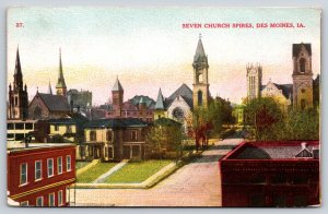 Des Moines Iowa~Air View Seven Church Spires~Vintage Postcard