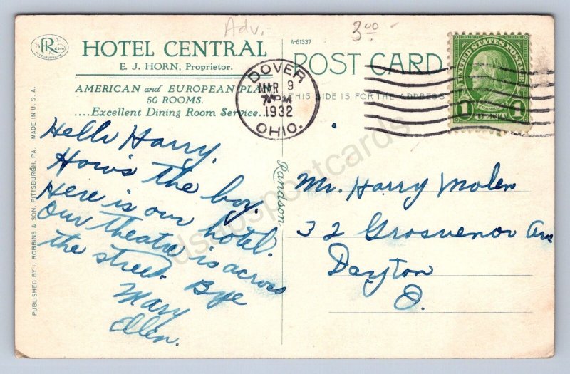 J99/ Canal Dover Ohio Postcard c1910 Hotel Central Stores  93
