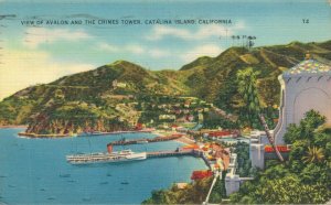 View Of Avalon, Chimes Tower Catalina Island California Linen Postcard 02.96