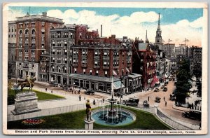 Boston Massachusetts 1919 Postcard Beacon & Park Street Statue Fountain