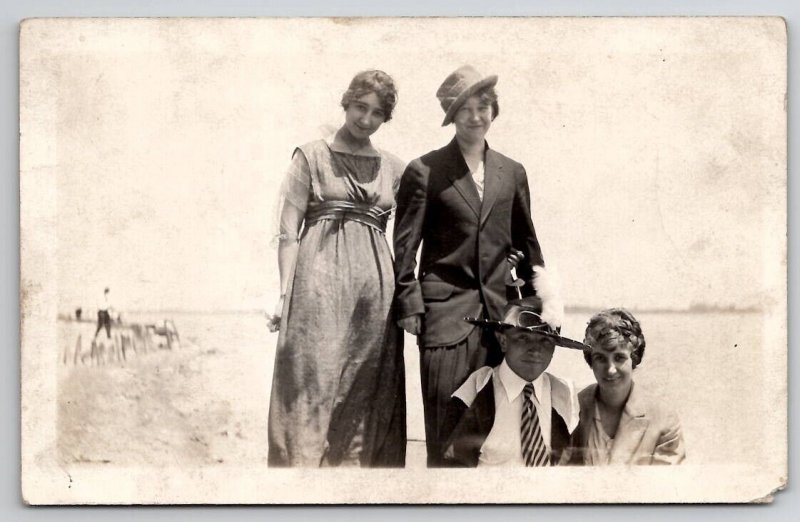 RPPC Ladies And Young Man On Beach Woman In Mans Hat Postcard Q24