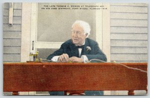 Fort Myers Florida~The Late Thomas Edison @ Telegraph Key~1940s Linen~Postcard