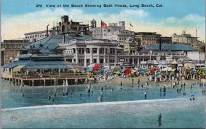 View of the Beach Showing Bath House Long Beach California Vintage Postcard C052