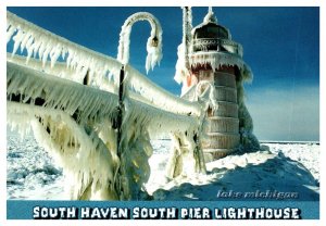 South Haven Pier Lighthouse Winter Blueberry Capitol Chrome UNP Postcard 