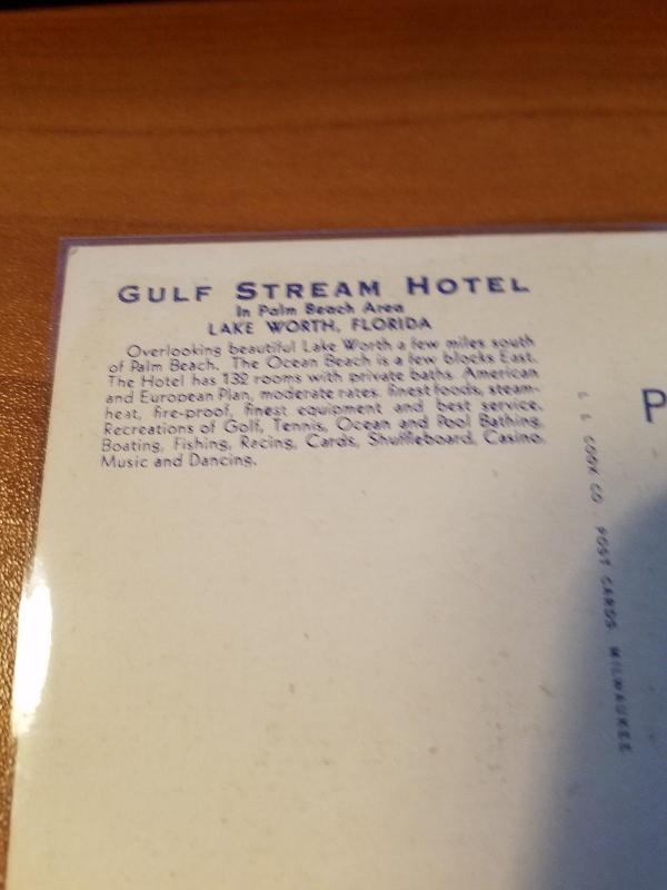 Antique/Vintage Florida Postcard, Gulf Stream Hotel, Lake Worth, Florida