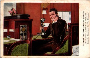 1918 Postcard Illinois Central-Panama Ltd Man On Phone in Train Observation Car