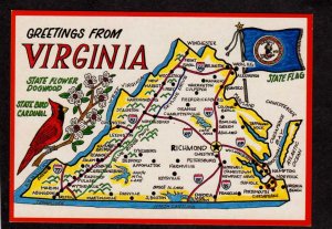 VA Greetings From Virginia State Map Postcard State Bird Cardinal Keysville