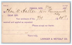 1888 Chas Haller Lininger & Metcalf Co. Omaha Nebraska NE Postal Card