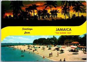 VINTAGE CONTINENTAL SIZED POSTCARD BEACHES AND SUNSET IN JAMAICA MISSION CARD