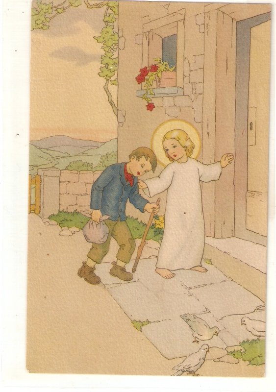 Infant Jesus helping a poor boy Lovely Spanish religious PC 1940s