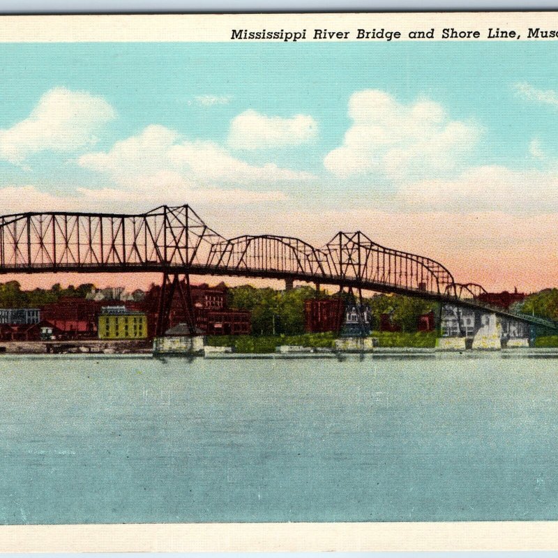 c1940s Muscatine, IA Mississippi River Bridge Downtown Buildings & House PC A247