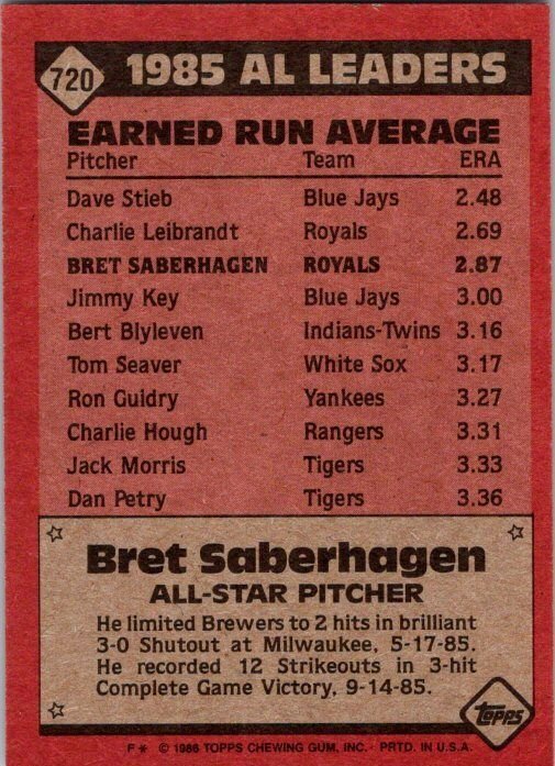 1986 Topps Baseball Card AL All Star Brett Saberhagen sk10687