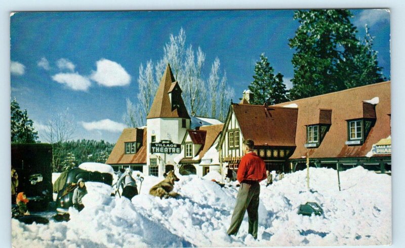 LAKE ARROWHEAD, CA~ WINTER VILLAGE SCENE ~ THEATRE c1940s Cars Postcard