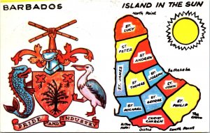 VINTAGE POSTCARD ANIMATED MAP OF BARBADOS FULLY LOADED STAMPS ON REAR 1983