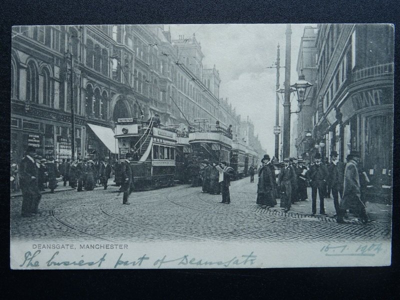 Manchester DEANSGATE Animated Street Scene shows TRAMS c1904 Postcard